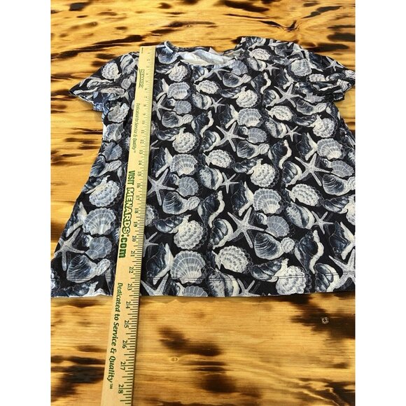 Chico's Size 2 Blue Cotton Modal Tee Shirt Seashell Nautical Beach Travel Modern - Picture 4 of 8